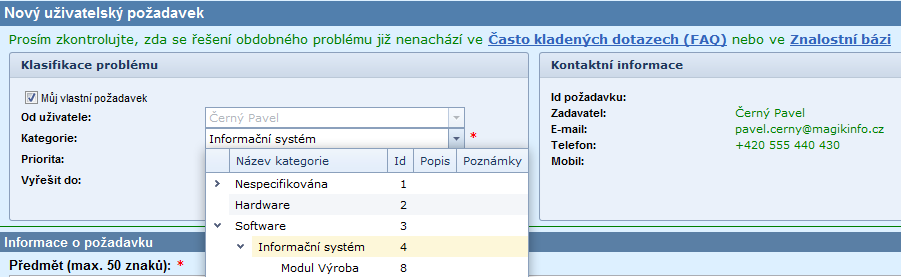 Neomezený strom kategorií požadavků